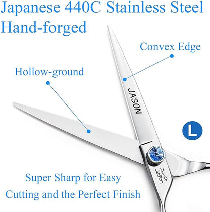 JASON Left Handed 7" Straight Dog Grooming Scissors, Premium Cats Grooming Shears Pets Trimming Kit with Offset Handle and a Jewelled Screw, Sharp, Comfortable Christmas Gift
