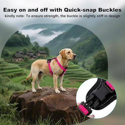 Plutus Pet Adjustable No Pull Dog Harness with Leather Accents, Heavy Duty Reflective Nylon Vest for Training, Hiking, Easy Walk Harness for Small, Medium, Large Dogs (Hot Pink, M)