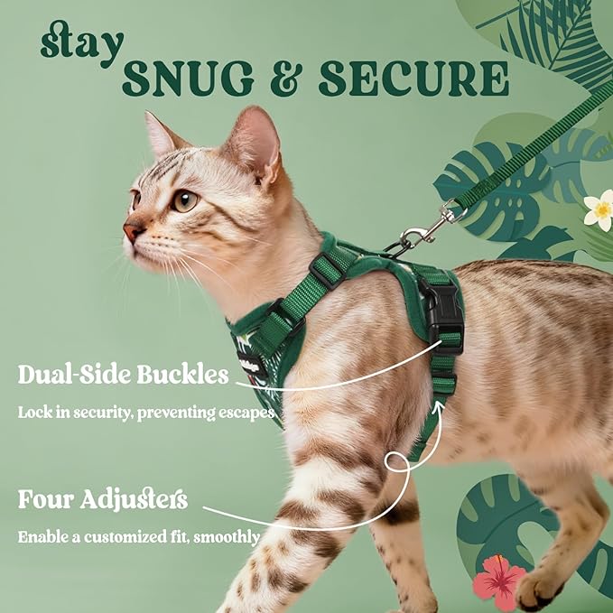 rabbitgoo Cat Harness and Leash for Walking, Escape Proof Soft Adjustable Vest Harnesses for Cats, Easy Control Breathable Reflective Strips Jacket,Rainforest Green,M