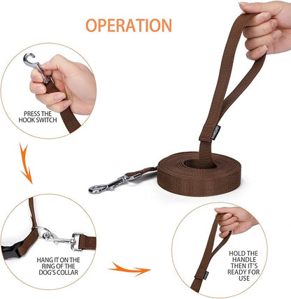 Siumouhoi Strong Durable Nylon Dog Training Leash, 1 Inch Wide Traction Rope, 6 ft 10ft 15ft Long, for Small and Medium Dog (Brown, 15 Feet)