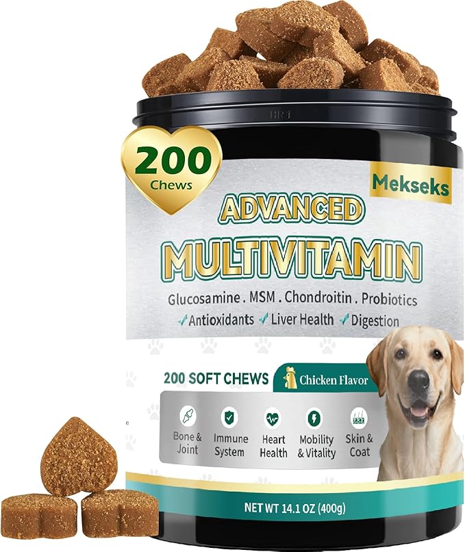 Advanced 24-in-1 Multivitamin Chews for Dogs - 200 Soft Chewable All-in-One Vitamin Support Supplement for Dog Joints, Gut Health, Skin & Coat with Omega-3, Probiotics & 12 Essential Vitamins
