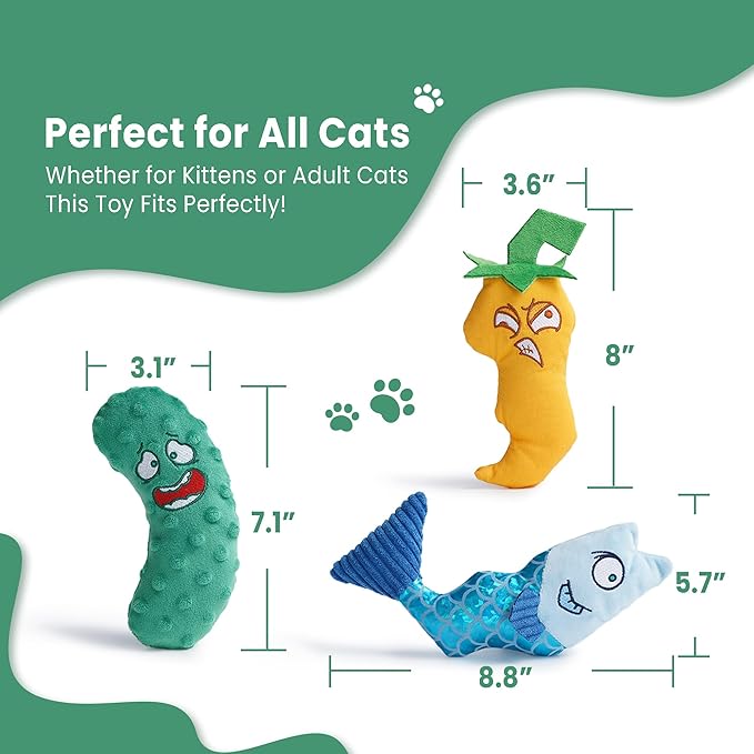 PURETOY Catnip Toys Set of 3 – Fish, Chili Pepper and Cucumber Plush Cat Toys for Indoor Cats, Natural Catnip Filled Interactive Chew and Teething Toys for Kittens