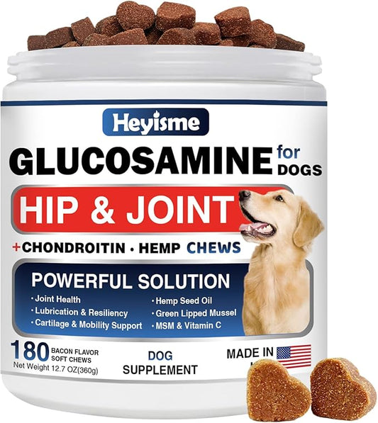 HEYISME Glucosamine for Dogs, 180 Chews Hip and Joint Supplement for Dogs, Glucosamine Chondroitin, MSM Hemp Dog Joint Pain Relief, Dog Joint Supplement Health Mobility Support (180 Chews, Bacon)