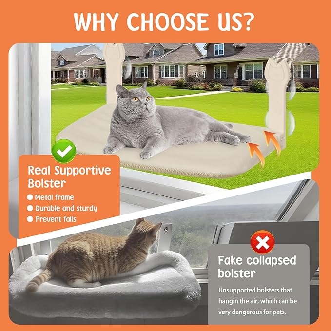 2 Pack Cat Window Perch,Cat Window Hammock Cordless Foldable Window Bed with 4 Large Strong Suction Cup,Reversible Cushion Cover,Metal Frame Easy to Adjust Window Seat Holds up to 40lbs(Beige，M