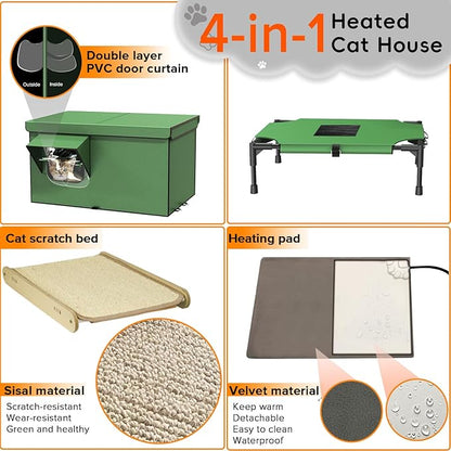 4-in-1 Heated Outdoor Cat House 24.8×22×16.1 inch Weatherproof with Heating Pad, Scratching Bed and Elevated Bed, Waterproof Windproof TPU Rain Cover, Large size Heated Cat House for Outdoor Cats