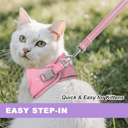 Cat Harness and Leash Set,Escape Proof Kitten Harness,Step in Adjustable Soft Lightweight,Easy Control,Reflective Strips Comfortable for Walking Travel(Baby Pink,XXS)