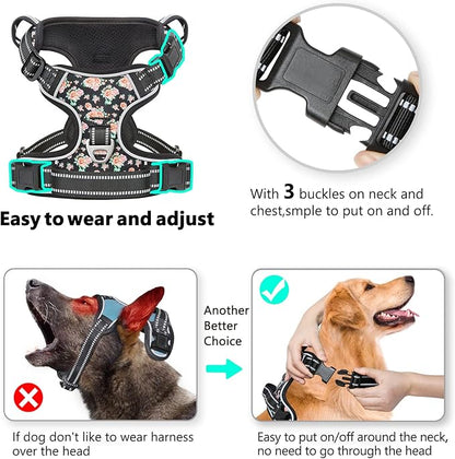 Timos Dog Harness, NO Need Go Over Dogs Head 3 Snap Buckles with 2 Leash Clips, Adjustable Soft Padded No-Pull Dog Harness, Reflective No-Choke Pet Oxford Vest for Small Medium Large Dogs