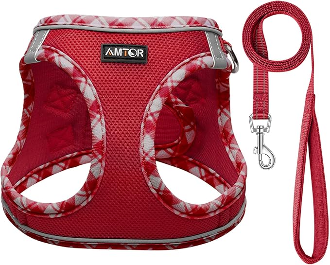 AMTOR Small Dog Harness with Leash Set, No Escape Easy Walk Puppy Harnesses for Training Walking, Step-in Reflective Soft Dogs Vest for XS S Medium Extra-Small Large Sized Dog(XL Size,Red/White)