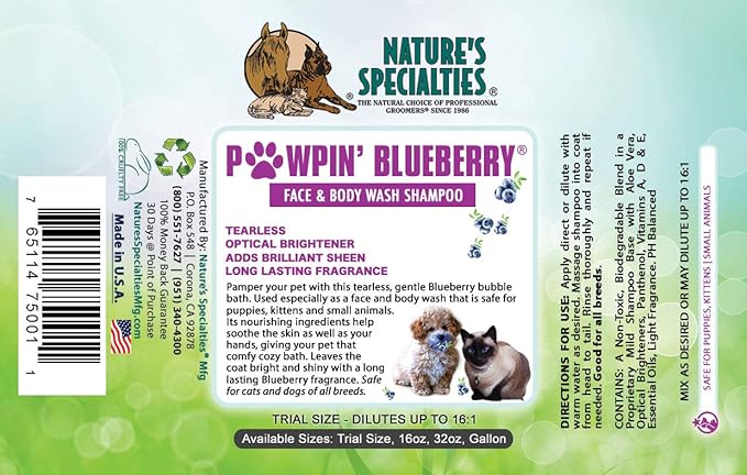 Nature's Specialties Pawpin' Blueberry Ultra Concentrated Dog Face and Body Wash for Pets, Makes up to 4 Gallons, Natural Choice for Professional Groomers, Tearless Formula, Made in USA, 32 oz