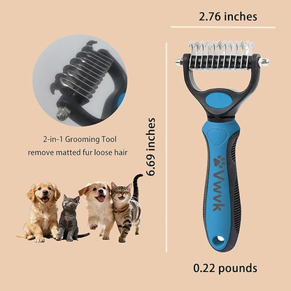 Pet Grooming Combo - Blue Deshedding Brush with Metal Comb, Professional Detangling & Dematting Tool for Long/Matted Fur on Cats and Dogs