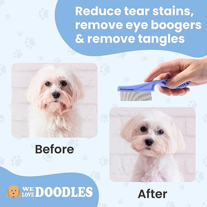 Dog Face Comb, Flea Comb for Dogs, Fine Tooth Tear Stain Remover Metal Comb, Removes Crust, Mucus, and Stains, Face Brush for Poodles & Other Breeds, Grooming Brush for Pets, Small [We Love Doodles]