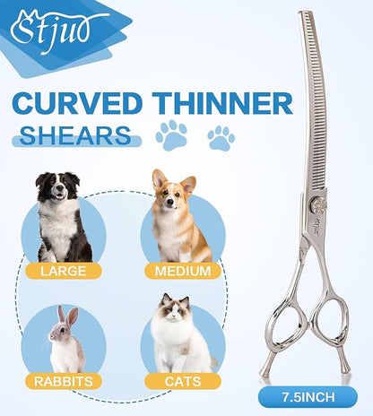 Stjuo Professional Dog Grooming Scissors, Japanese 440C Stainless Steel, 62 HRC Hardness (Curved Thinning, 7.5'')