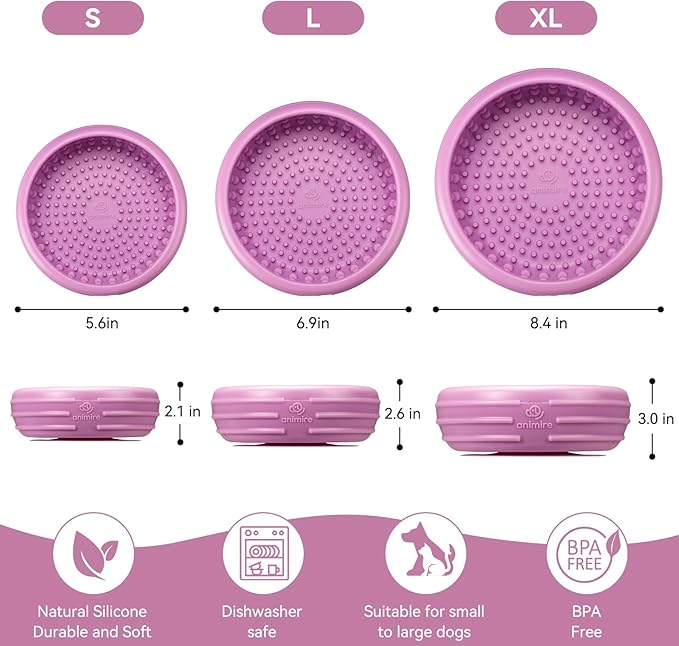 Dog Lick Bowl, Animire Freeze Lick Mat for Dogs, Non-Slip Slow Feeder Licking Bowl Enrichment Treat for Distraction Anxiety Relief, Food Grade Silicone, Dishwasher Safe(Pastel Purple,L)