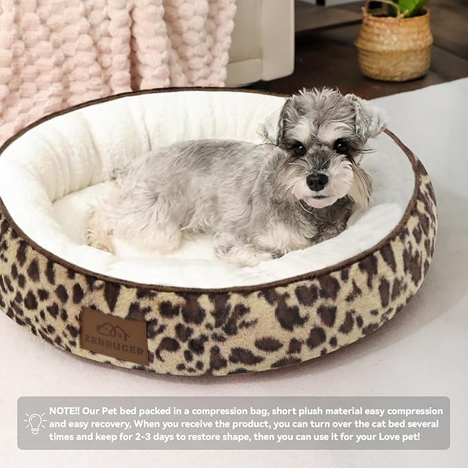 Zerbuger 20in Leopard Round Cat Dog Bed Gift for Large Medium Small Dogs Cats, Machine Washable Sleeping Sofa, Non-Slip Bottom Breathable Soft Calming Pet Cuddler for Indoor/Outdoor/Car/Cage
