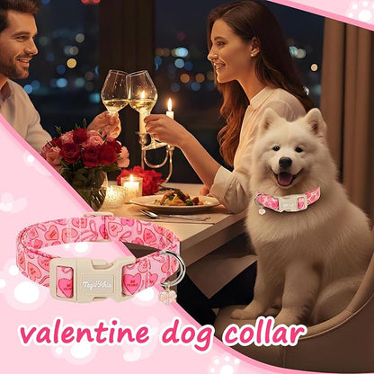 Valentines Dog Collar with Heart Bow Pattern, Adjustable Small Dog Collar with Safety Buckle & Heart Charm, Spring Summer for Girl Boy Dogs-S