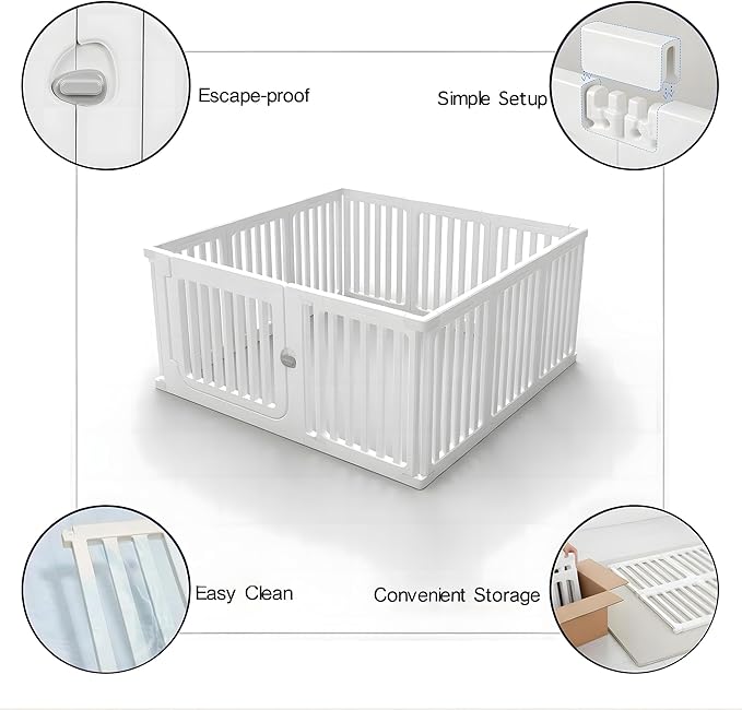 Jatindear 11 Panels Plastic Dog Playpen, Expandable & Durable Pet Fence - Indoor & Outdoor Portable with Secure Locking Door, Durable Safety Play Pen with Puppy, Cat, Small Animal(White, 23.62" H)
