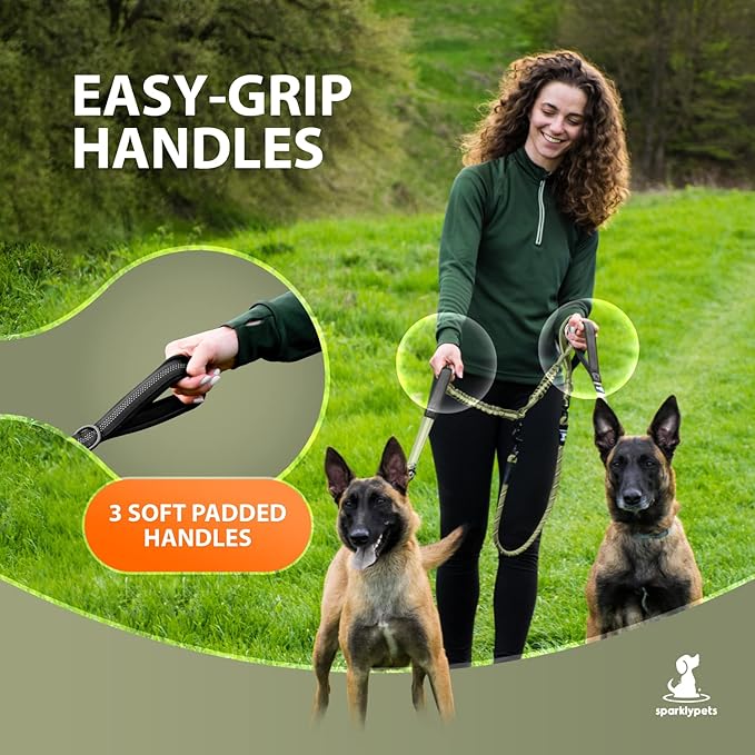 SparklyPets - Double Dog Bungee Rope Leash - Dual Dog Lead for Medium and Large Breeds - Padded Handles, No Tangle - Flow Leash, 2 Dogs Walking Accessory