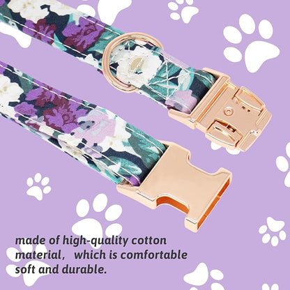 Dog Collar and Leash Set Girls Adjustable Puppy Collars with Floral Bow Tie for Small Medium Large Female Dogs, Purple Green Flower, L