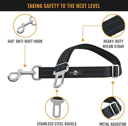 Active Pets Blue Car Seat Belt for Dogs, Attaches to Harness & Collar, Adjustable 18" - 24" Travel Restraint System Fits Small - Large Pups for Safety & Comfort, Essential Pet Supplies & Accessories