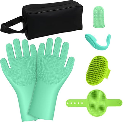 7-Piece Pet Grooming Kit with Storage Bag | Portable Bathing Set for Dogs & Cats | Includes Silicone Gloves, Deshedding Brushes & Finger Toothbrushes | All-in-One Pet Care (Sage Green)