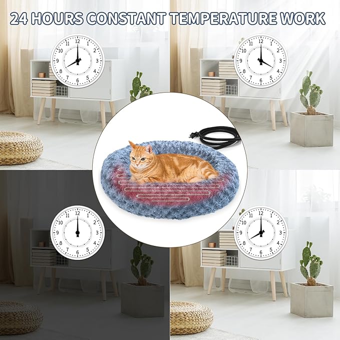 AUPETEK Heated Cat Beds for Indoor Cats Warming Cat Beds Super Soft Machine Washable Thermo Kitty Electric Heating Bed 19 Inches Round
