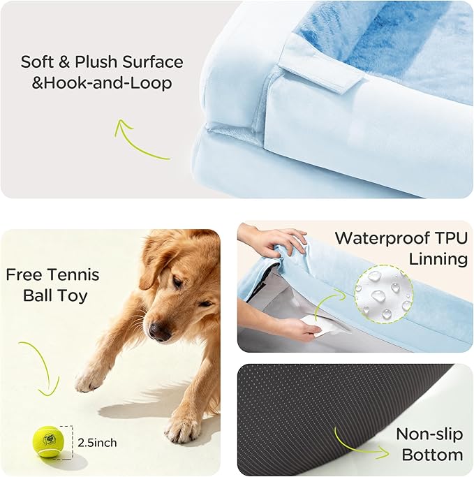 Orthopedic Dog Beds for Large Medium Dogs, Big Waterproof Memory Foam Pet Couch Bed with Removable Washable Cover, Tennis Ball Toy, 36x27