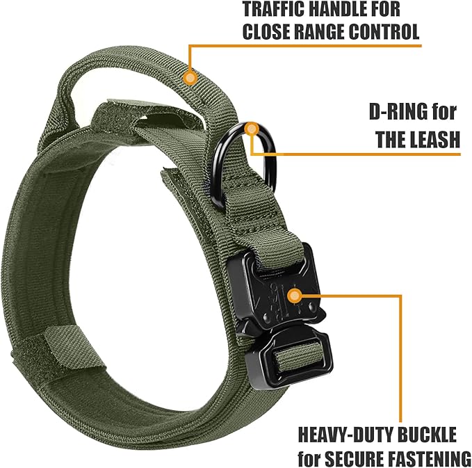 Tactical Dog Collar and Bungee Leash, Camo Military Dog Collar & Leash Set with USA American Flag Adjustable K9 Collar with Heavy Duty Metal Buckle & Handle,with Patches and Airtags Case (L, Green)