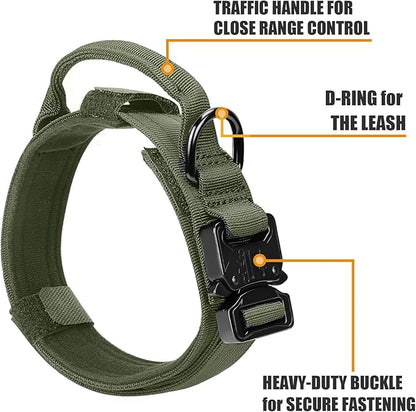 Tactical Dog Collar and Bungee Leash, Camo Military Dog Collar & Leash Set with USA American Flag Adjustable K9 Collar with Heavy Duty Metal Buckle & Handle,with Patches and Airtags Case (L, Green)