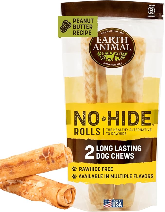 Earth Animal No Hide Chews - Long Lasting Rawhide Free Large Dog Chews Rolls, Peanut Butter - 2 Count