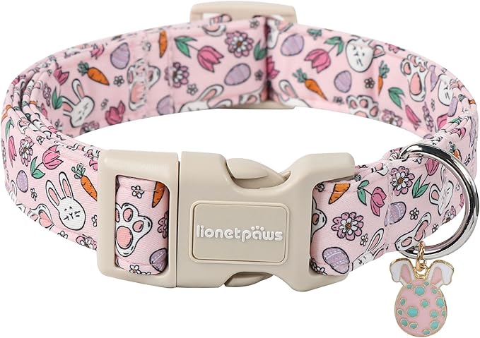 Lionet Paws Easter Dog Collar- Cute Rabbit Purple Eggs Pink Dog Collars with Plastic Buckle, Light Adjustable Dog Collars with Egg Pendant for Medium Large Dogs