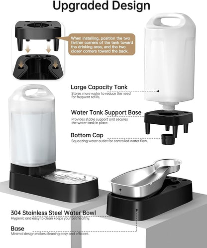 Automatic Dog Water Bowl Dispenser - 2.4 Gallon Gravity Pet Water Dispenser with 304 Stainless Steel Bowl, Dog Auto Feeders Bowls Self Waterer, Easy-Carry Handle for Large Dogs & Cats, Multi-Pet Home