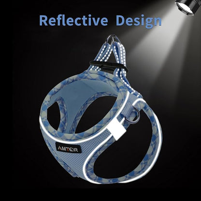AMTOR Small Dog Harness with Leash Set, No Escape Easy Walk Puppy Harnesses for Training Walking, Step-in Reflective Soft Dogs Vest for XS S Medium Extra-Small Large Sized Dog(M Size,Blue/White)