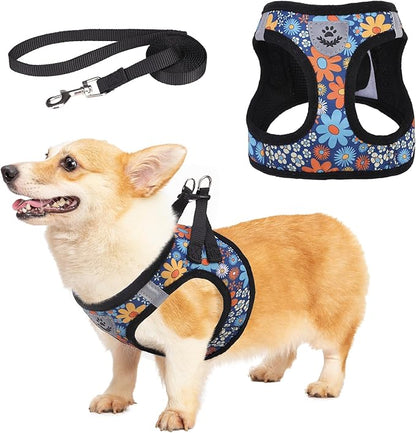 KOOLTAIL Dog Harness and Leash Set for Small Medium Dogs, Step in No Pull Comfort Padded Pet Vest, Adjustable Reflective Easy Walking Puppy Cats Harness Training, Flower Navy M
