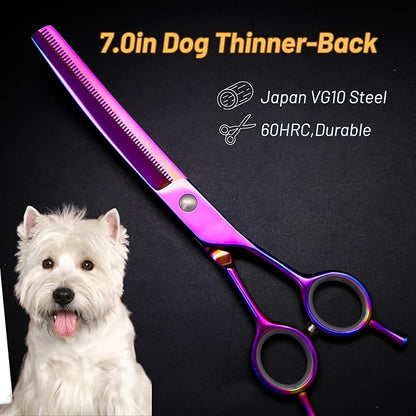 7" 60 Teeth Professional Dog Grooming Scissors, 25 Degree Curvature Pet Curved Thinning Shears, Japanese VG10 Steel Sharp, Durable Smooth Cutting Scissors for Dogs Cats and Other Pets Face and Paws