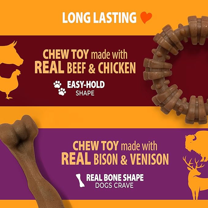 Nylabone Strong Chew Toy 4-Pack Bundle for Dogs Made with Real Bacon, Bison, Venison, Beef, & Chicken, Durable Dog Chew Bones for Aggressive Chewers, Large Dog Toys - Up to 50 lbs, 4 Count
