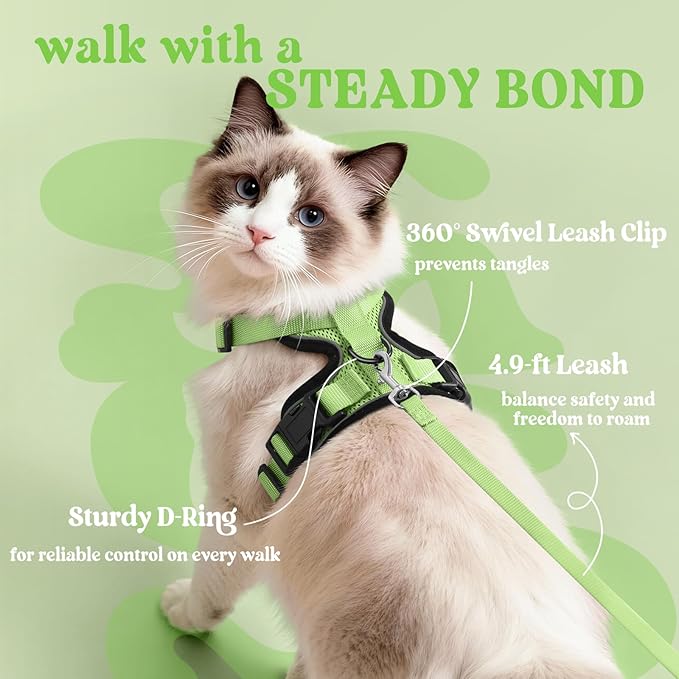 rabbitgoo Cat Harness and Leash for Walking, Escape Proof Soft Adjustable Vest Harnesses for Cats, Easy Control Breathable Reflective Strips Jacket, Light Green, XS