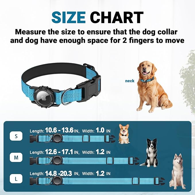 HDDTTZ AirTag Dog Collar, IP68 Waterproof Integrated Air Tag Dog Collars with Reflective, Ultra-Durable, Comfortable Padded, Heavy Duty Dog Collars for Small Medium Large Dogs, S (10.6"-13.6"), Blue