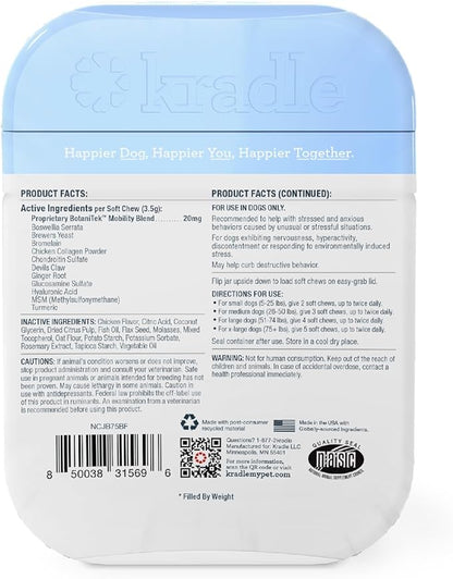 Kradle Hip and Joint Chews for Dogs - Daily Mobility & Joint Health Supplement - Soft Chews with Glucosamine, Chondriotin, MSM, Hyaluronic Acid & Turmeric - 75 Chews