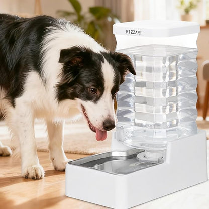 RIZZARI Stainless Steel Pet Waterer: 9L White Gravity Fed Water Dispenser Leak-Proof for Senior Dogs Joint Care Home Owners - with Filter - Bedroom Garden Use
