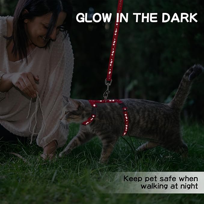 PAWCHIE Cat Harness with Leash and Collar Set - Escape Proof Adjustable H-shped Cat Harness with Star and Moon Pattern Glow in The Dark for Kitty Outdoor Walking