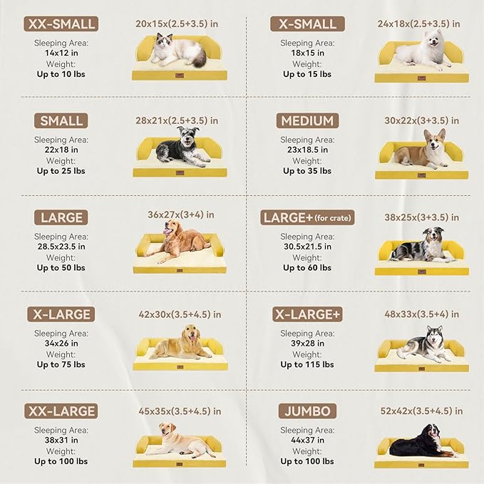 Large Dog Bed Orthopedic Washable - Couch Sofa - XL Large Big Dogs - Beds Bolster Pet - Memory Foam - Waterproof with Removable Cover - Ginger Yellow Dog Bed
