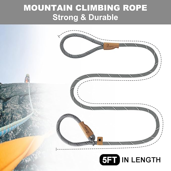 5 FT Slip Lead Dog Leash, Heavy Duty Rope Leash for Small Medium Large Dogs, No Pull Training Lead with Reflective Thread, Strong Comfortable Loop Leash (Grey Stripe, Large(1/2"))