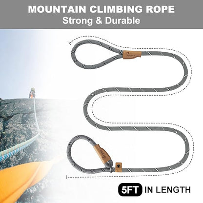 5 FT Slip Lead Dog Leash, Heavy Duty Rope Leash for Small Medium Large Dogs, No Pull Training Lead with Reflective Thread, Strong Comfortable Loop Leash (Grey Stripe, Large(1/2"))