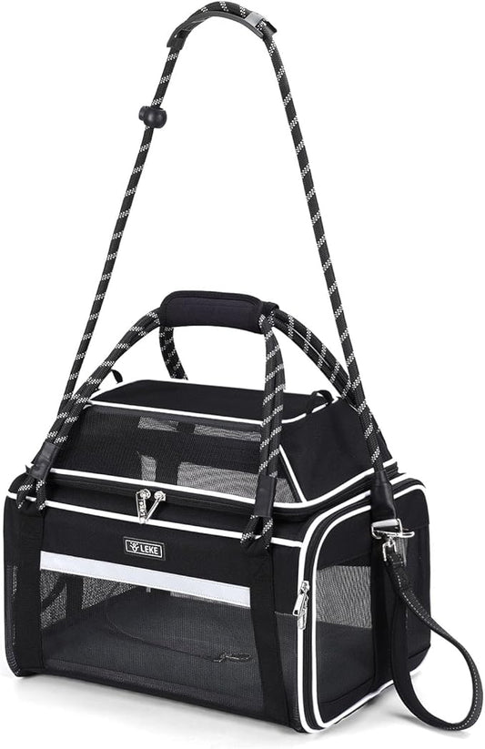 Lekereise Top Expandable Dog Carrier TSA Airline Approved Soft Sided Pet Underseat Up to 12lbs Travel Carriers for Small Cats and Dogs with Convertable Dog Leash and Anti-Scratch Mesh