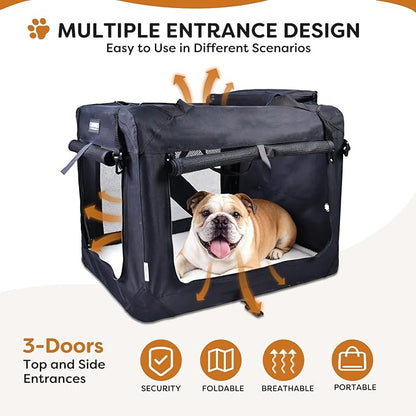 JESPET Soft Dog Crates Kennel for Pets, 3 Door Soft Sided Folding Travel Pet Carrier with Straps and Fleece Mat for Dogs, Cats (Graphite Black, Large(30" L x 21" W x 23" H))