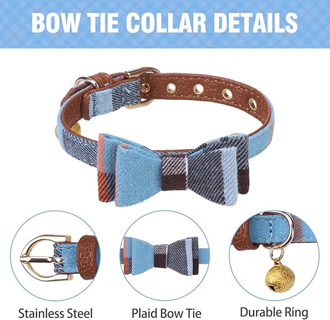 KOOLTAIL Small Boy Dog Collar and Leash Set with Bowtie and Bells - Male Puppy Collar and Leash with Classic Plaid Matching Pattern, Soft Leather Leashes for Small Dogs Boys,Shirt Collar Plaid