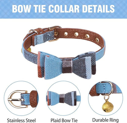 KOOLTAIL Small Boy Dog Collar and Leash Set with Bowtie and Bells - Male Puppy Collar and Leash with Classic Plaid Matching Pattern, Soft Leather Leashes for Small Dogs Boys,Shirt Collar Plaid