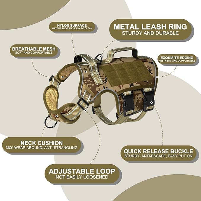 Dog Harness for Large Dogs Heavy Duty, No Pull Tactical Dog Harness with Molle System, Easy On and Off Service Dog Vest, Breathable Padded, Adjustable Reflective Pet Vest for Walking Hiking Training