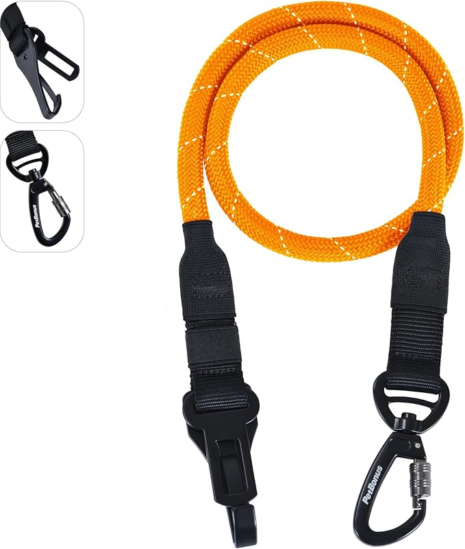 PetBonus Dog Seat Belt for Car, Durable Rope Dog Car Harness Seatbelt for Vehicle, Pet Tether Safety Restraint with Heavy Duty Buckle Hook Latch Lockable Clip for Small Medium Large Breeds (Orange)