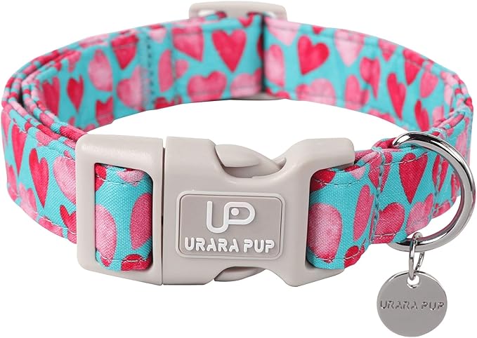 UP URARA PUP Valentine’s Day Dog Collar, Pink Heart Dog Collar with Quick Release, Valentine’s Day Gift Pet Girl Boy Dog Collar for Puppy Small Medium Dogs, Wedding Dog Collar